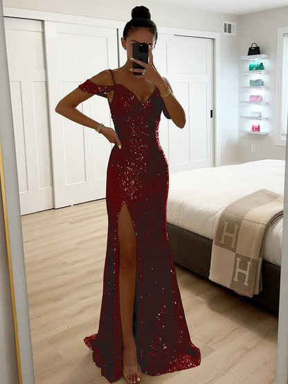 Dames Mouwloze Lente Maxi-jurk met V-Hals Pailletten en Zijsplit