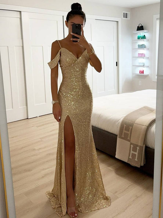 Dames Mouwloze Lente Maxi-jurk met V-Hals Pailletten en Zijsplit
