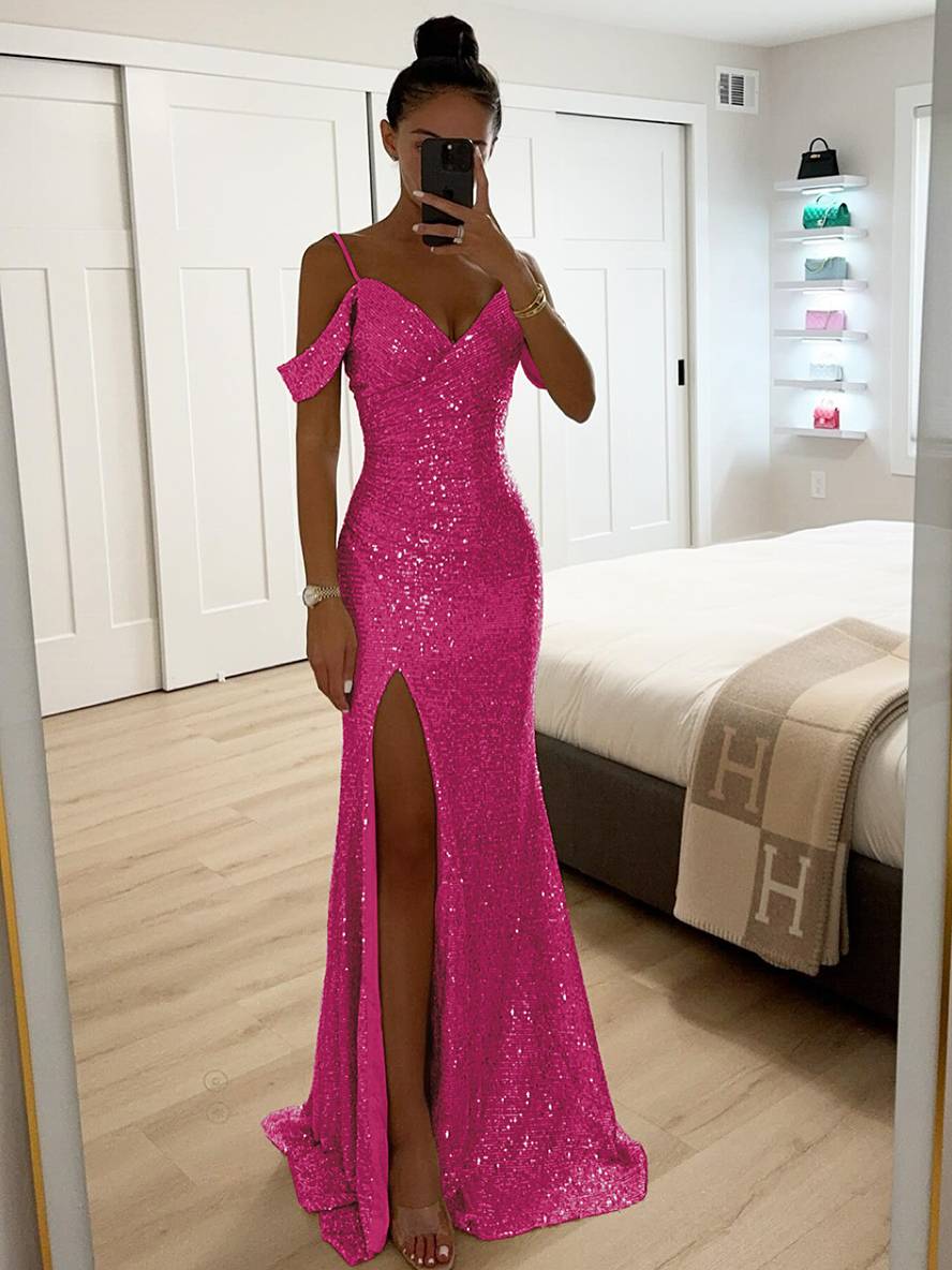 Dames Mouwloze Lente Maxi-jurk met V-Hals Pailletten en Zijsplit