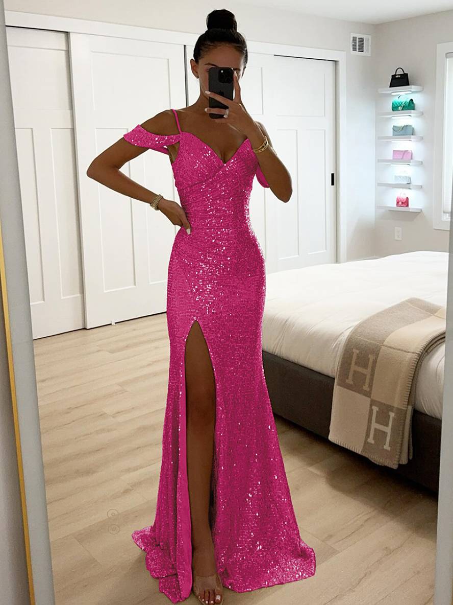Dames Mouwloze Lente Maxi-jurk met V-Hals Pailletten en Zijsplit