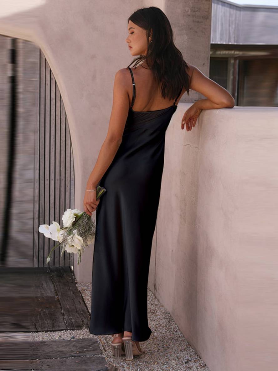 Dames Lente Satin Maxi-jurk met Spaghettibandjes Zijsplit en Vierkante Halslijn
