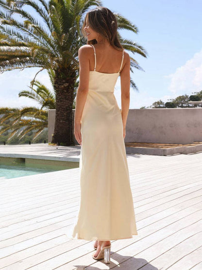 Dames Lente Satin Maxi-jurk met Spaghettibandjes Zijsplit en Vierkante Halslijn