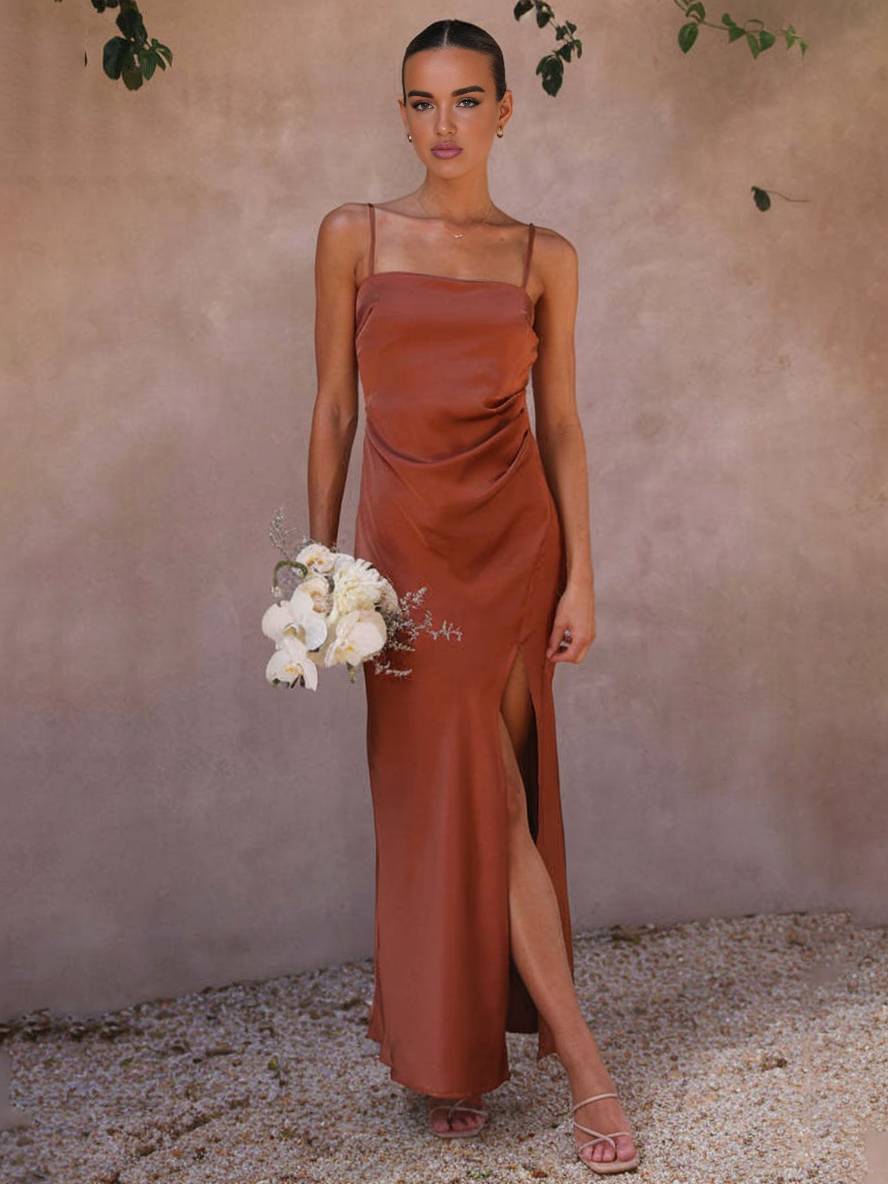 Dames Lente Satin Maxi-jurk met Spaghettibandjes Zijsplit en Vierkante Halslijn