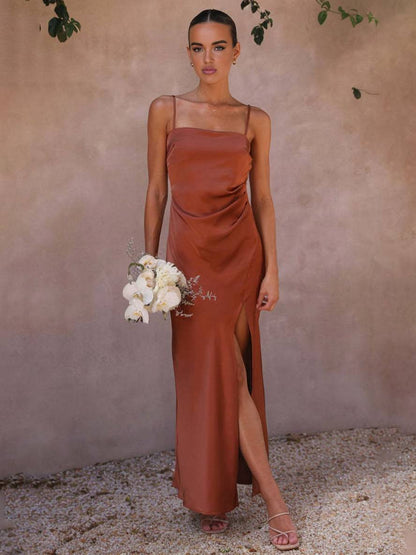 Dames Lente Satin Maxi-jurk met Spaghettibandjes Zijsplit en Vierkante Halslijn
