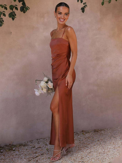 Dames Lente Satin Maxi-jurk met Spaghettibandjes Zijsplit en Vierkante Halslijn