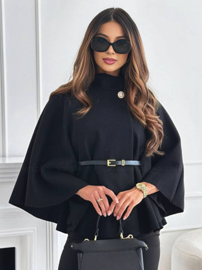 Dames Korte Ponchojas voor de Herfst met Ceintuur en Vleermuismouwen