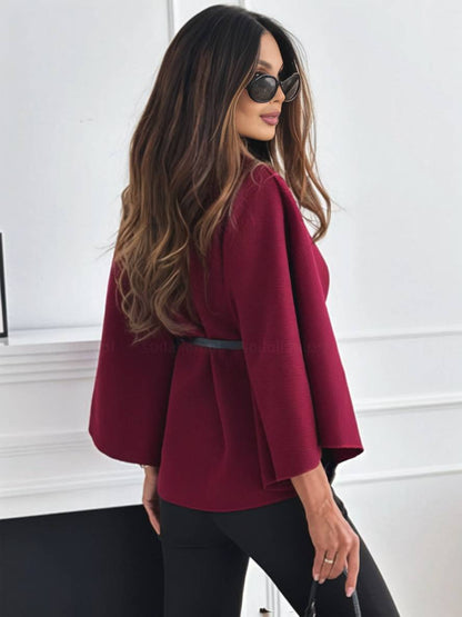 Dames Korte Ponchojas voor de Herfst met Ceintuur en Vleermuismouwen