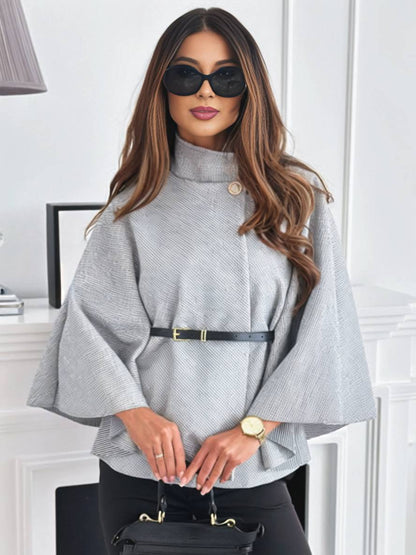 Dames Korte Ponchojas voor de Herfst met Ceintuur en Vleermuismouwen