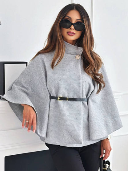 Dames Korte Ponchojas voor de Herfst met Ceintuur en Vleermuismouwen