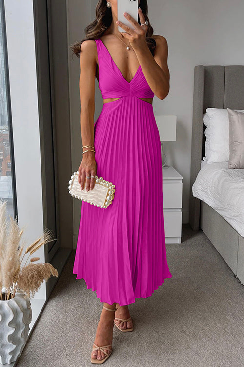 Dames Maxi-Jurk met V-Hals, Uitsnijding in de Taille en Geplooide Rok