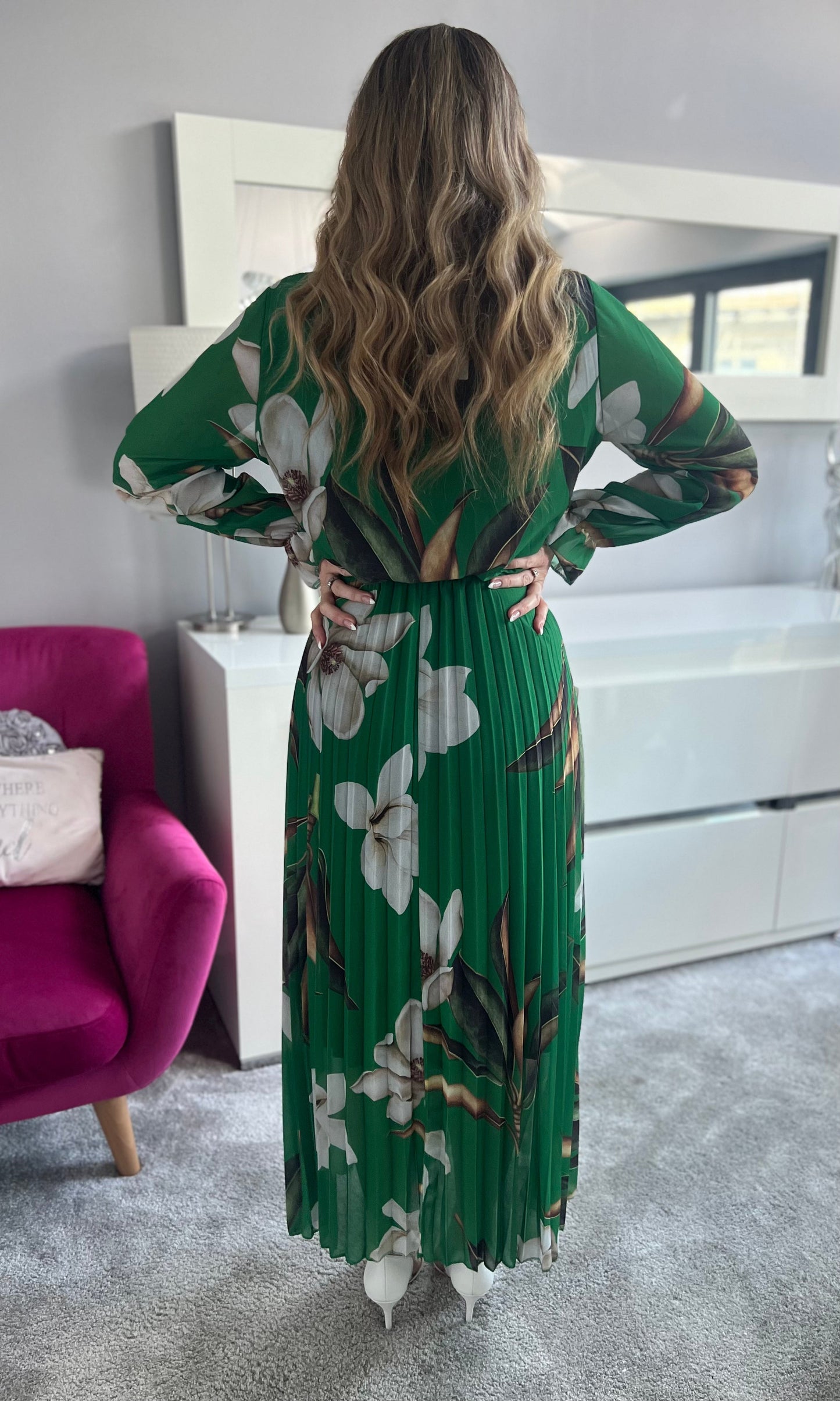 Dames Maxi-jurk met Bloemenprint Lange Mouwen Geplooide Rok en Wikkeltop