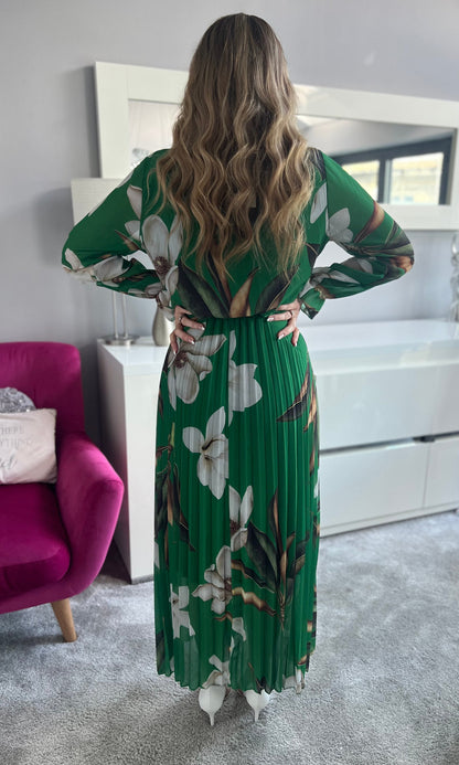 Dames Maxi-jurk met Bloemenprint Lange Mouwen Geplooide Rok en Wikkeltop