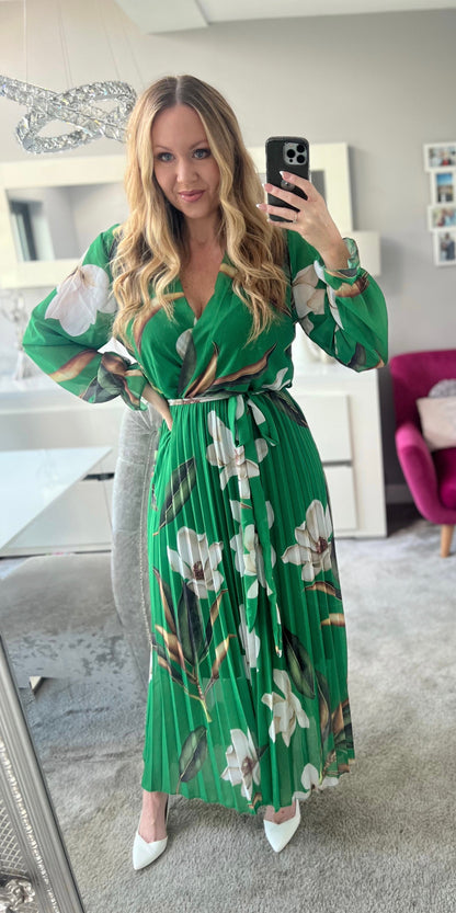Dames Maxi-jurk met Bloemenprint Lange Mouwen Geplooide Rok en Wikkeltop