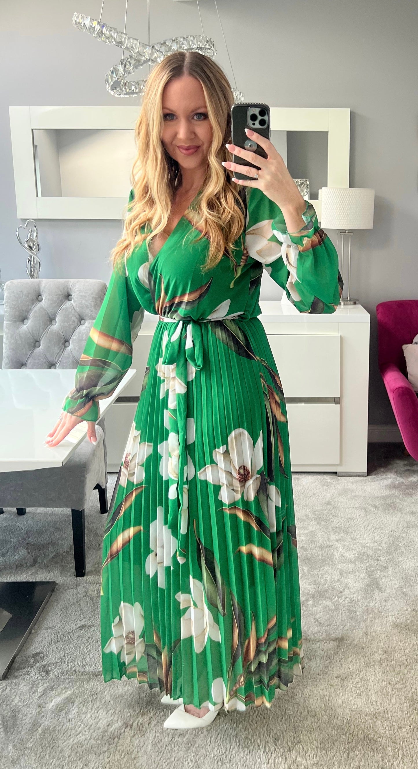 Dames Maxi-jurk met Bloemenprint Lange Mouwen Geplooide Rok en Wikkeltop