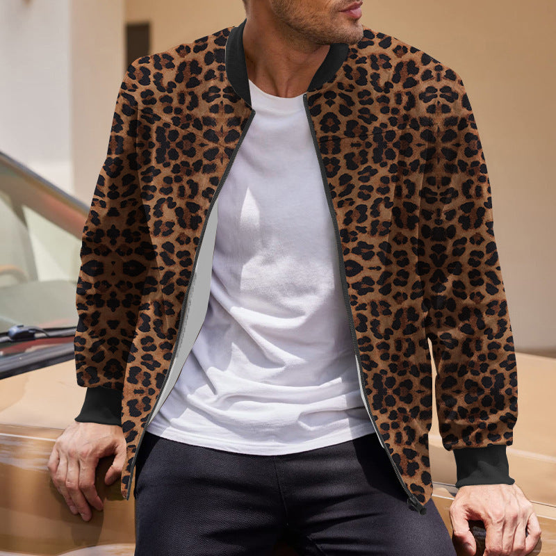 Heren Herfstjas Met Rits Luipaardprint Met Fleece Voering