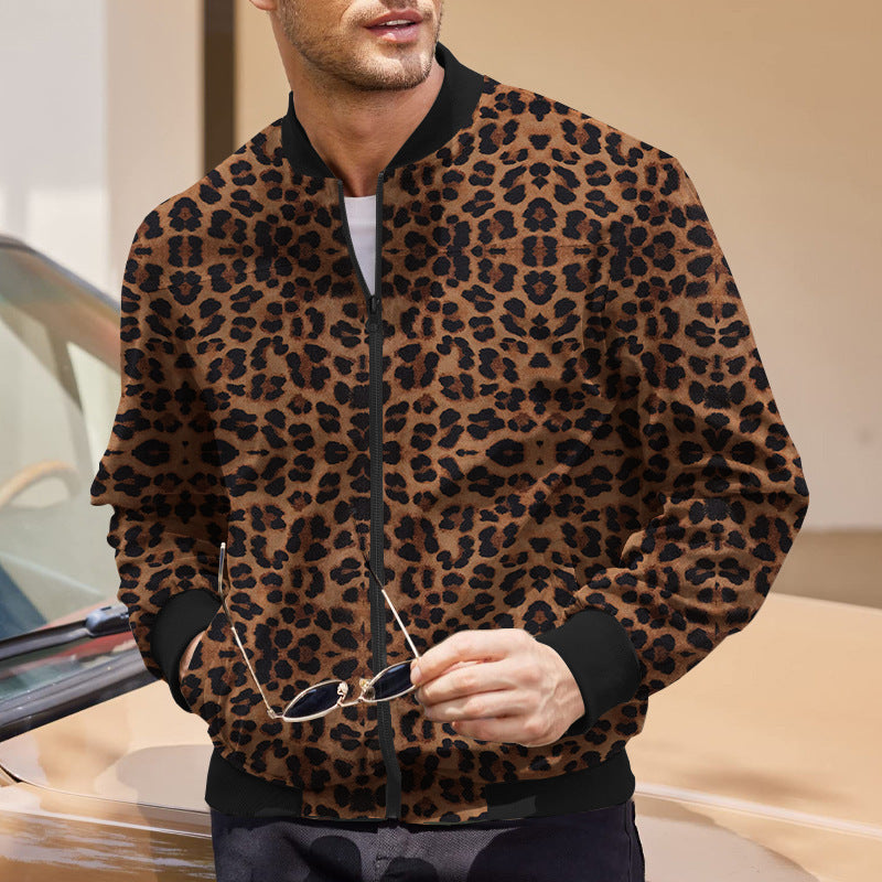 Heren Herfstjas Met Rits Luipaardprint Met Fleece Voering