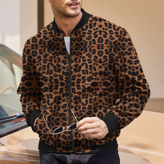 Heren Herfstjas Met Rits Luipaardprint Met Fleece Voering