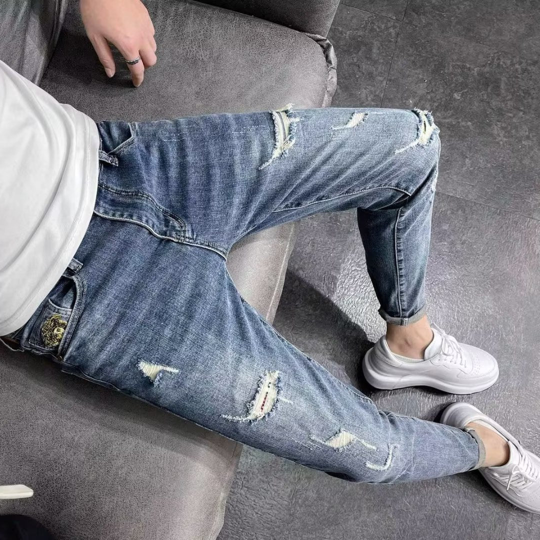 Heren Skinny Jeans Hoge Taille Stretch Gescheurd Design Ritssluiting