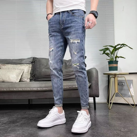Heren Skinny Jeans Hoge Taille Stretch Gescheurd Design Ritssluiting