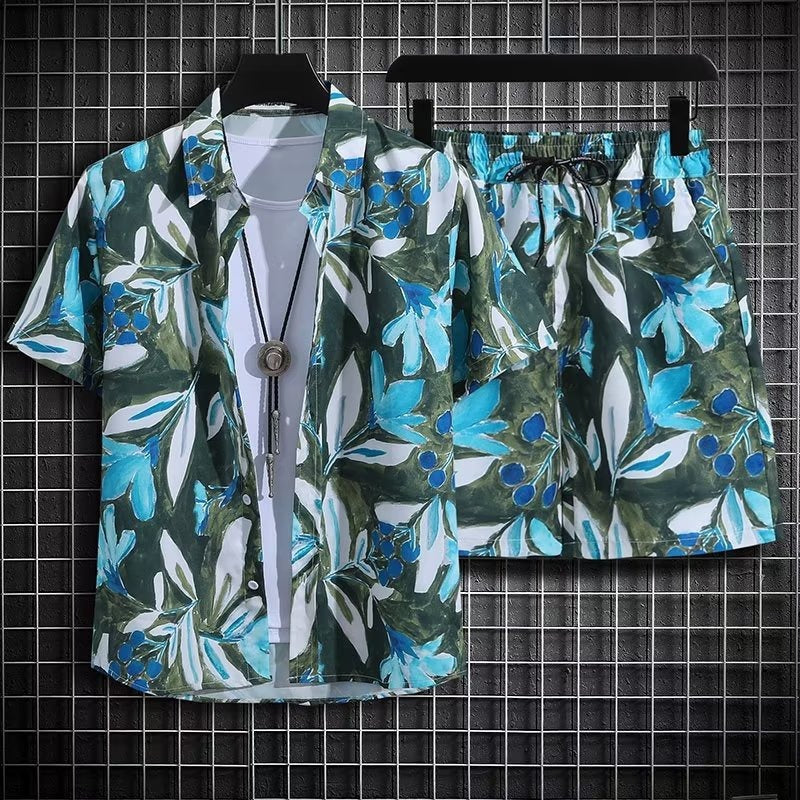 Heren Zomerset Tweedelig Strandoutfit Sneldrogend Bloemenprint Korte Mouwen Top en Shorts