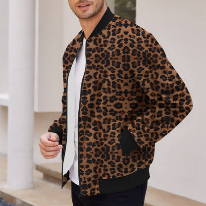 Heren Herfstjas Met Rits Luipaardprint Met Fleece Voering
