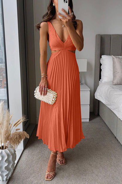 Dames Maxi-Jurk met V-Hals, Uitsnijding in de Taille en Geplooide Rok