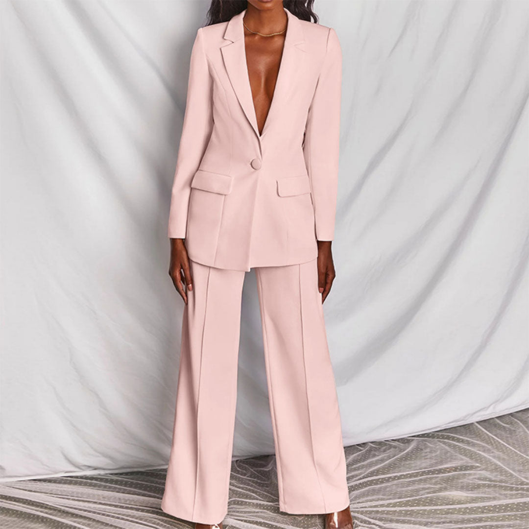 Vrouwen Voorjaars Blazer- en Broekenset met Getailleerde Blazer en Broek met Rechte Pijpen