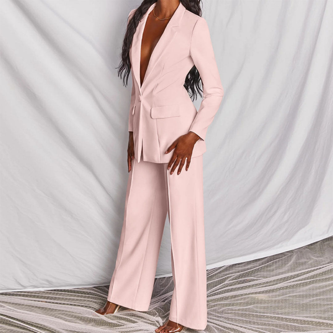 Vrouwen Voorjaars Blazer- en Broekenset met Getailleerde Blazer en Broek met Rechte Pijpen