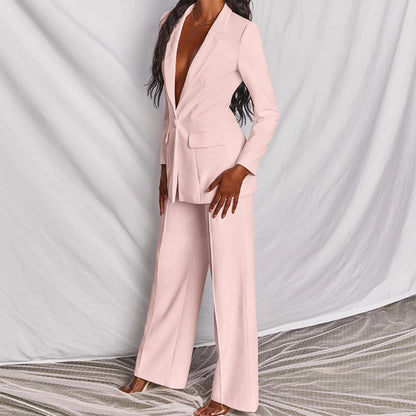 Vrouwen Voorjaars Blazer- en Broekenset met Getailleerde Blazer en Broek met Rechte Pijpen