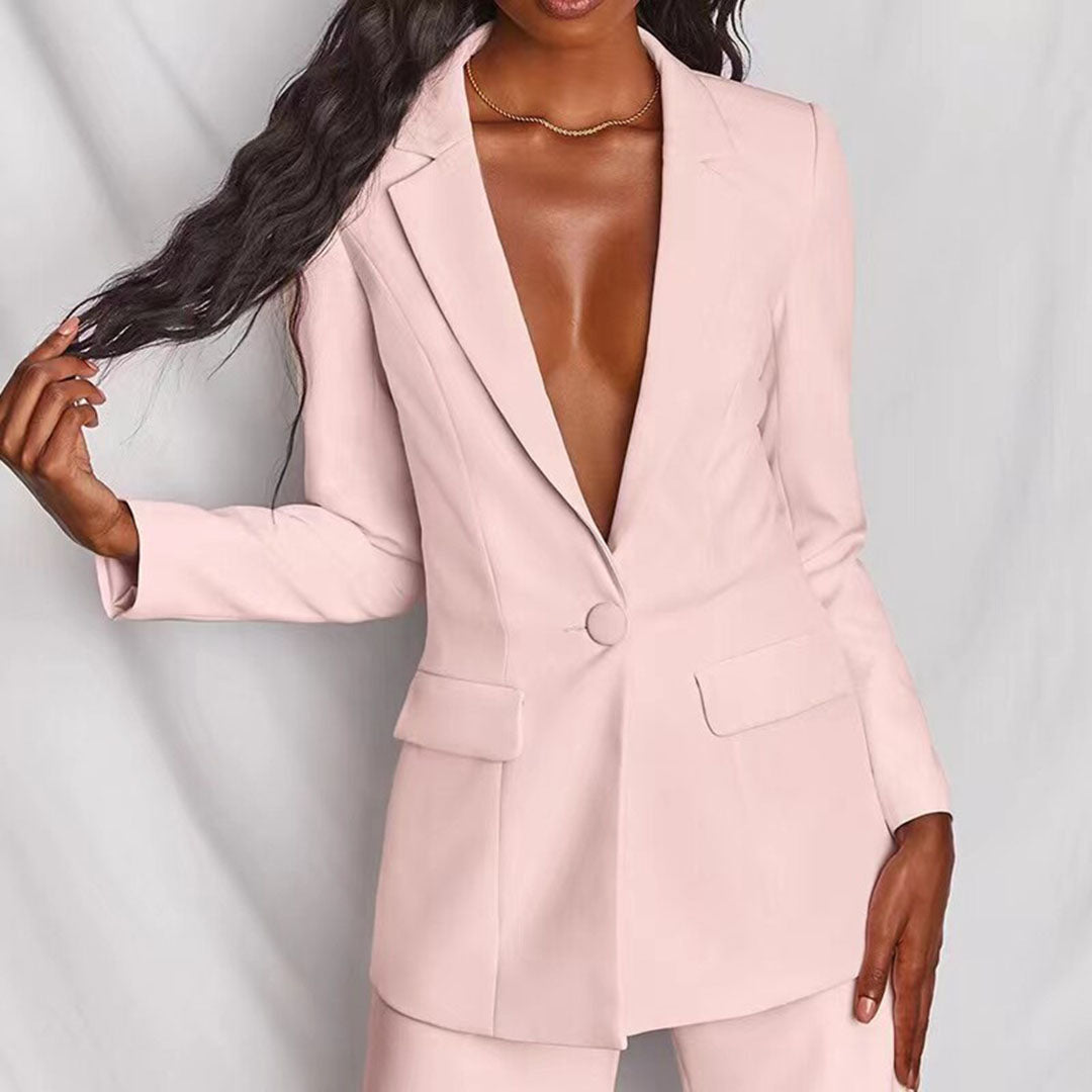Vrouwen Voorjaars Blazer- en Broekenset met Getailleerde Blazer en Broek met Rechte Pijpen