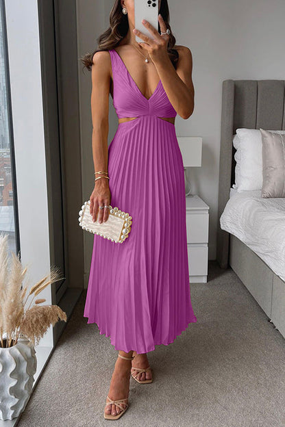 Dames Maxi-Jurk met V-Hals, Uitsnijding in de Taille en Geplooide Rok