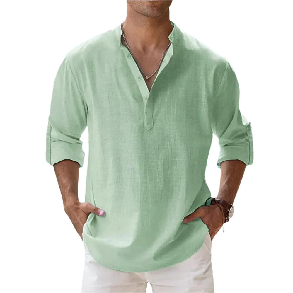 Heren Zomer Henley Shirt met Korte Mouwen en Opstaande Kraag