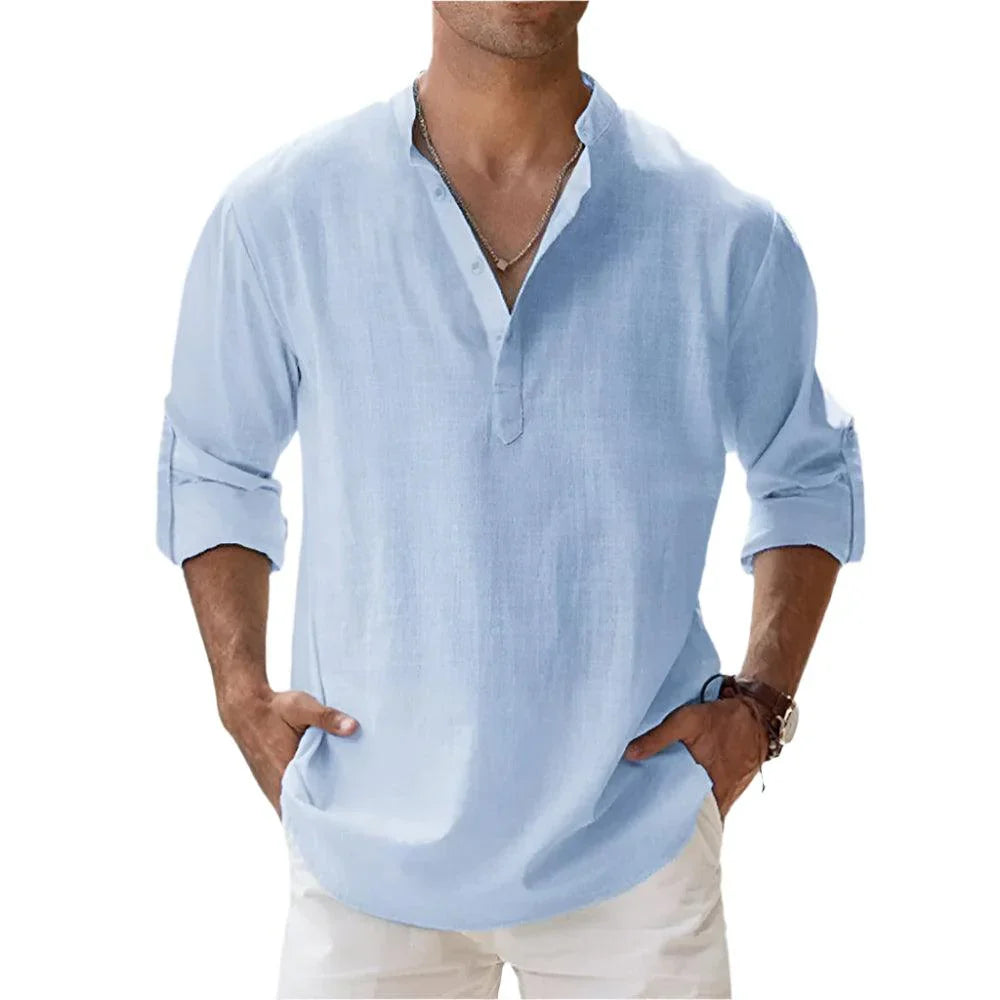 Heren Zomer Henley Shirt met Korte Mouwen en Opstaande Kraag
