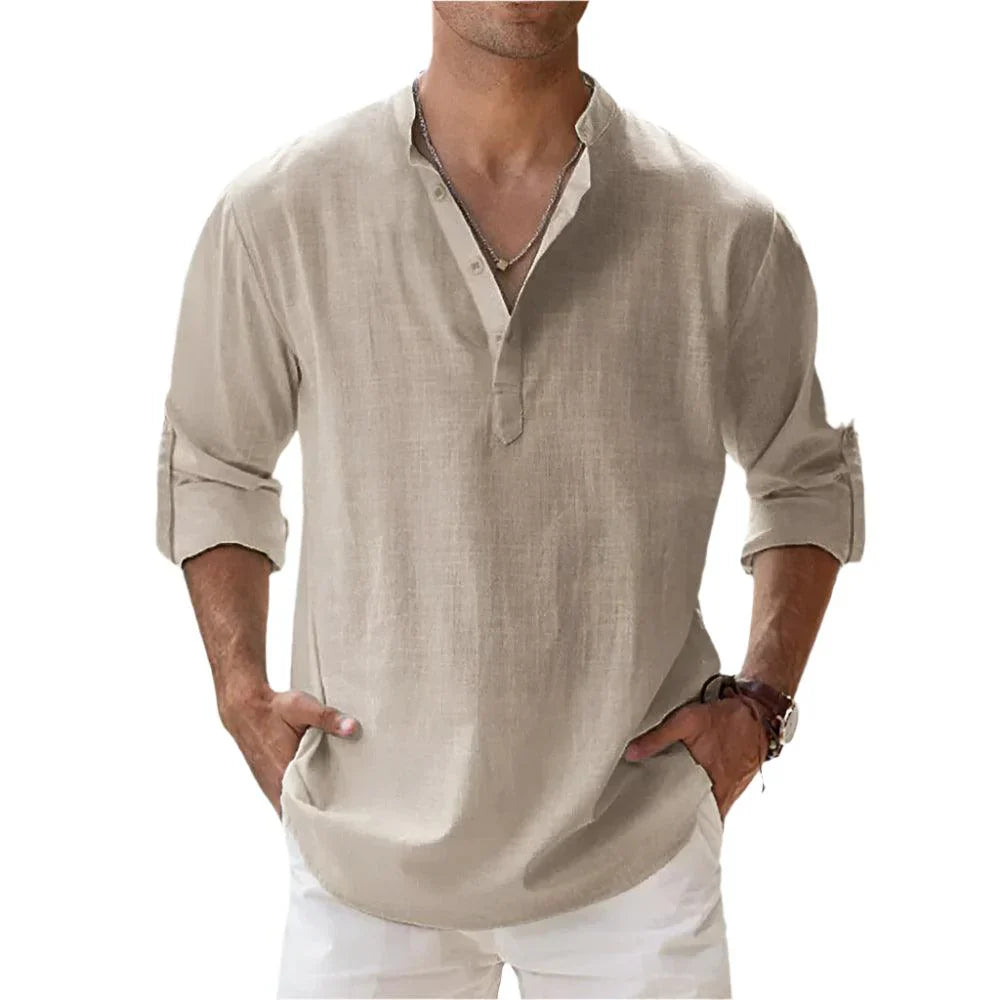 Heren Zomer Henley Shirt met Korte Mouwen en Opstaande Kraag