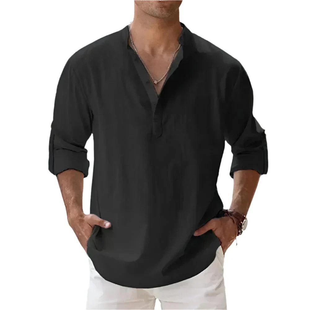 Heren Zomer Henley Shirt met Korte Mouwen en Opstaande Kraag
