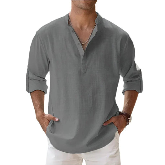 Heren Zomer Henley Shirt met Korte Mouwen en Opstaande Kraag