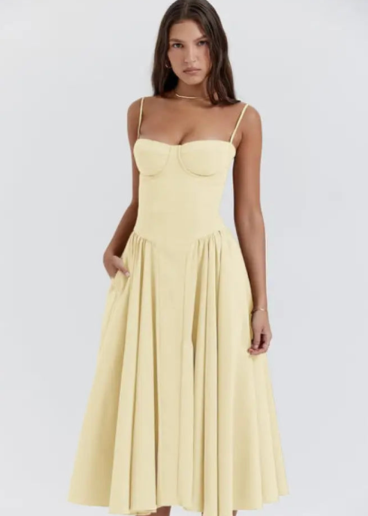 Dames Strapless Midi Jurk Voor Lente En Zomer Met Vloeiende Stof En Veilige Pasvorm