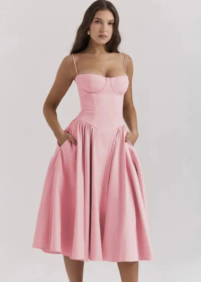 Dames Strapless Midi Jurk Voor Lente En Zomer Met Vloeiende Stof En Veilige Pasvorm