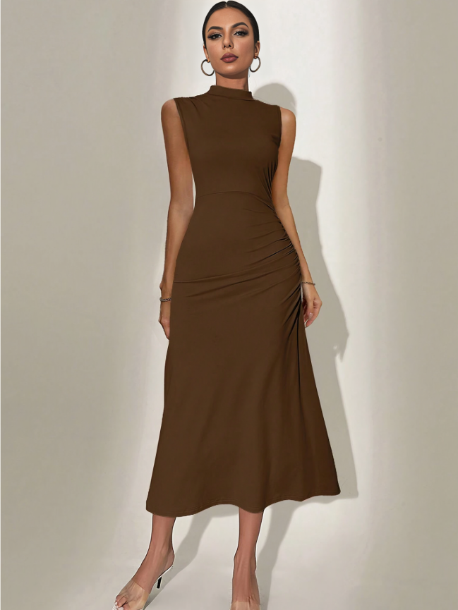Modevolle Stand Collar Effen Kleur Mouwloze Maxi Jurk