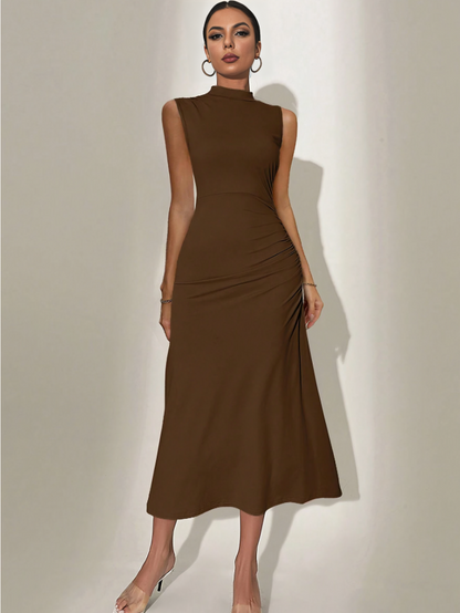 Modevolle Stand Collar Effen Kleur Mouwloze Maxi Jurk