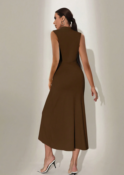 Modevolle Stand Collar Effen Kleur Mouwloze Maxi Jurk