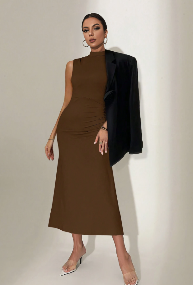 Modevolle Stand Collar Effen Kleur Mouwloze Maxi Jurk