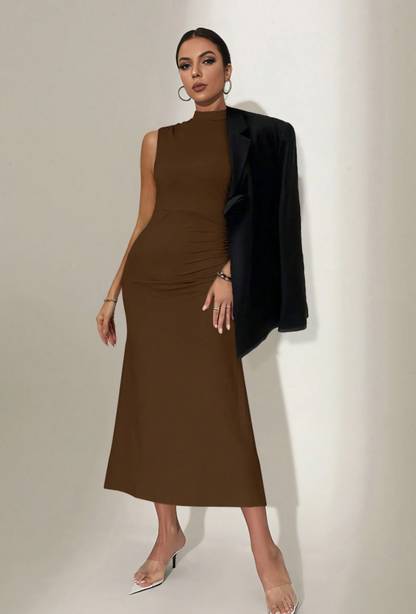 Modevolle Stand Collar Effen Kleur Mouwloze Maxi Jurk