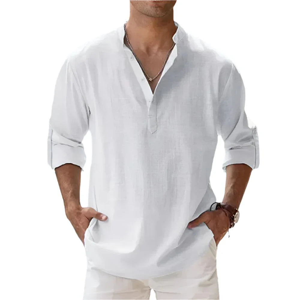 Heren Zomer Henley Shirt met Korte Mouwen en Opstaande Kraag