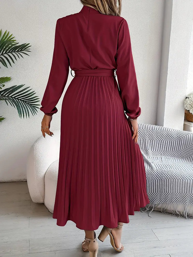 Dames Midi-Jurk met Lange Mouwen, Geplooide Rok en Tailleceintuur