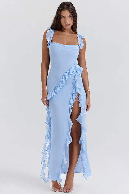 Dames Lange Ruffle Jurk Voor Lente En Zomer Met Voorsplit En Ritssluiting Achter