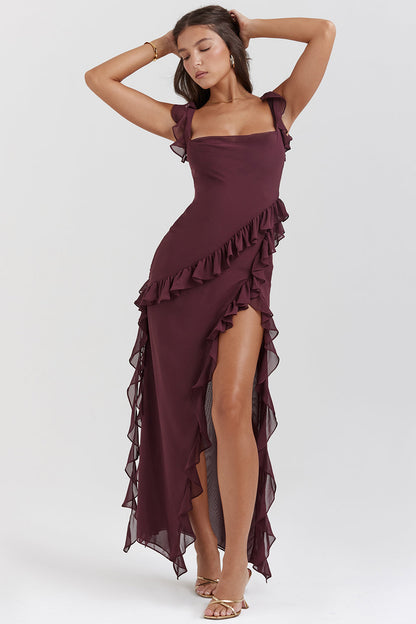 Dames Lange Ruffle Jurk Voor Lente En Zomer Met Voorsplit En Ritssluiting Achter