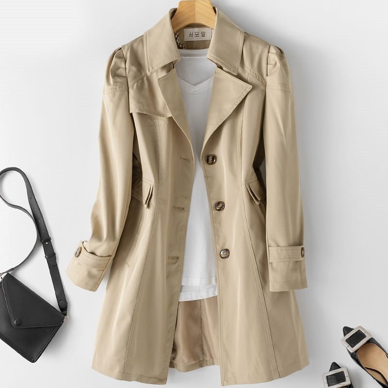 Dames Lange Trenchcoat met Knoopsluiting, Tailleceintuur en Zijzakken