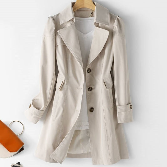 Dames Lange Trenchcoat met Knoopsluiting, Tailleceintuur en Zijzakken