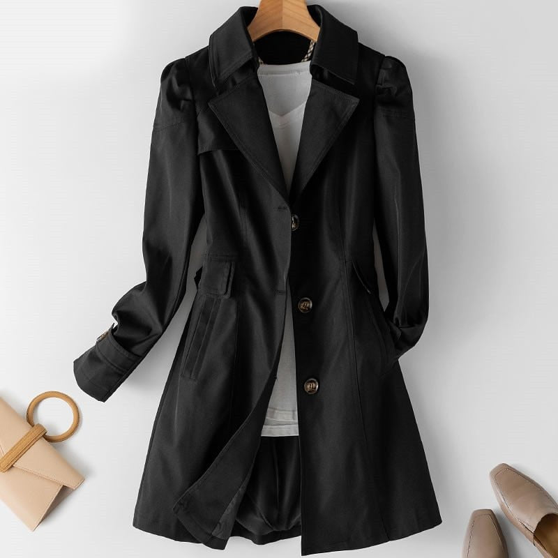 Dames Lange Trenchcoat met Knoopsluiting, Tailleceintuur en Zijzakken